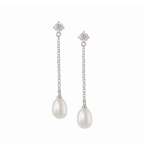Aretes Largos Plata .925 con Perla de Río y Circonia  Artré .925
