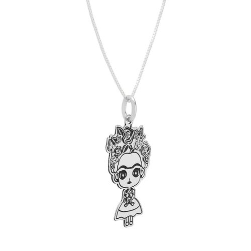 Cadena Plata .925 con Dije Frida Kahlo Caricatura Villalpando