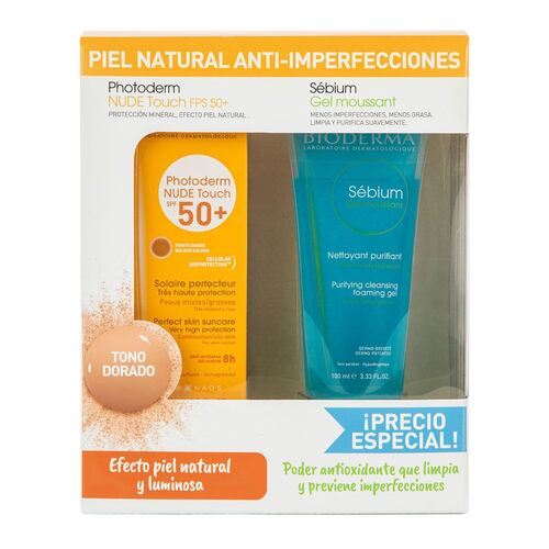 KIT Bioderma Photoderm Nude Touch SPF50+ Tono Dorado, 40 ml + Sébium Gel Moussant 100 ml