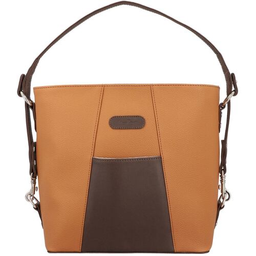 Bolsa Michel Domit cubeta con bolsillo frontal asa larga color camel modelo DZU513