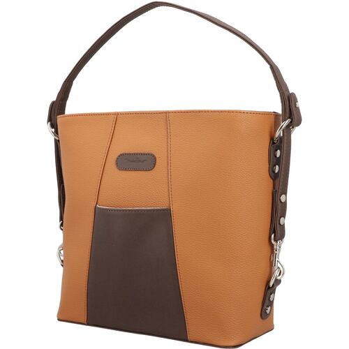 Bolsa Michel Domit cubeta con bolsillo frontal asa larga color camel modelo DZU513
