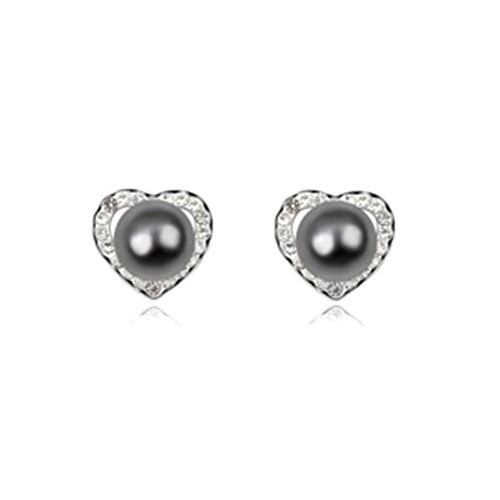 Aretes Baño Oro Blanco 18K Corazón y Perla Gris Amor de Cristal