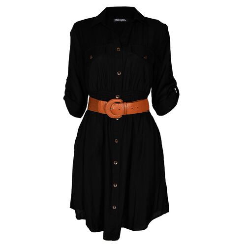 Vestido Corto Camisero con Cinturón Philosophy Talla Mediana Color Negro para Mujer