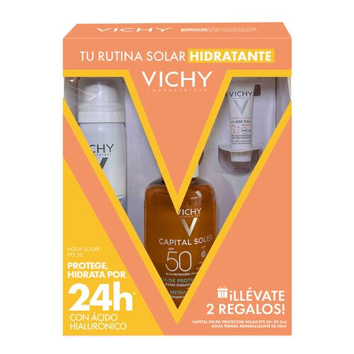 Vichy Capital Soleil Agua de Protección Solar Hidratante FPS 50 + Capital Soleil UV-Age Daily FPS 50 + Vichy Agua Termal Mineralizante