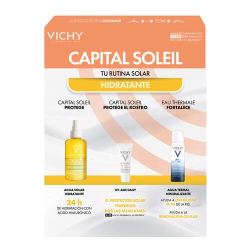Vichy Capital Soleil Agua de Protección Solar Hidratante FPS 50 + Capital Soleil UV-Age Daily FPS 50 + Vichy Agua Termal Mineralizante