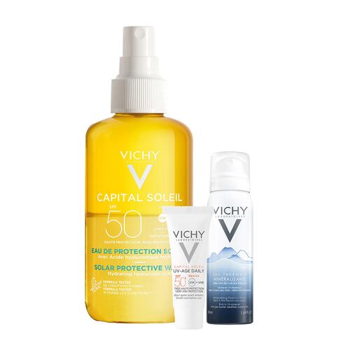 Vichy Capital Soleil Agua de Protección Solar Hidratante FPS 50 + Capital Soleil UV-Age Daily FPS 50 + Vichy Agua Termal Mineralizante
