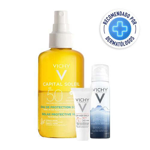Vichy Capital Soleil Agua de Protección Solar Hidratante FPS 50 + Capital Soleil UV-Age Daily FPS 50 + Vichy Agua Termal Mineralizante