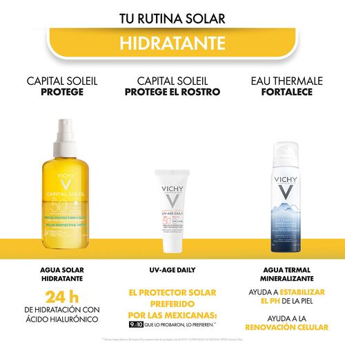 Vichy Capital Soleil Agua de Protección Solar Hidratante FPS 50 + Capital Soleil UV-Age Daily FPS 50 + Vichy Agua Termal Mineralizante