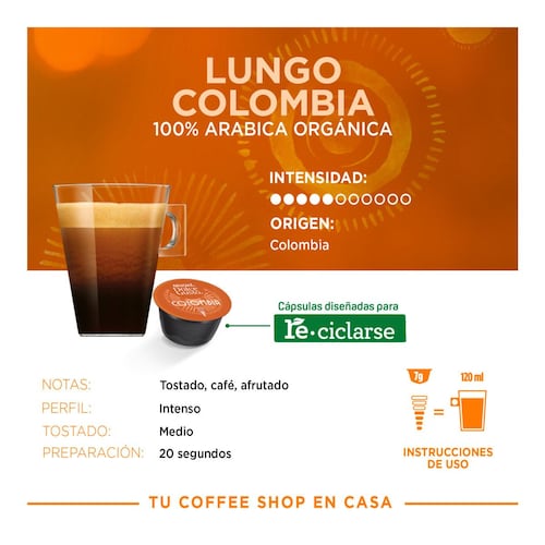 Cápsulas Café Orgánico Lungo Colombia Nescafé Dolce Gusto