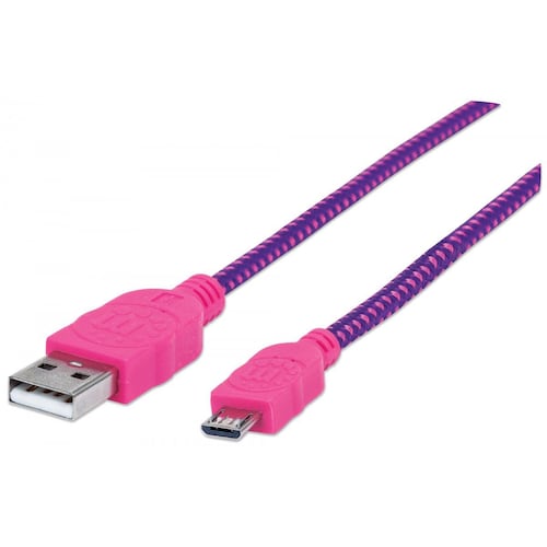 "Cable Micro USB con recubrimiento textil. Macho A / Macho Micro - B, 1 mt. Rosa / Morado"