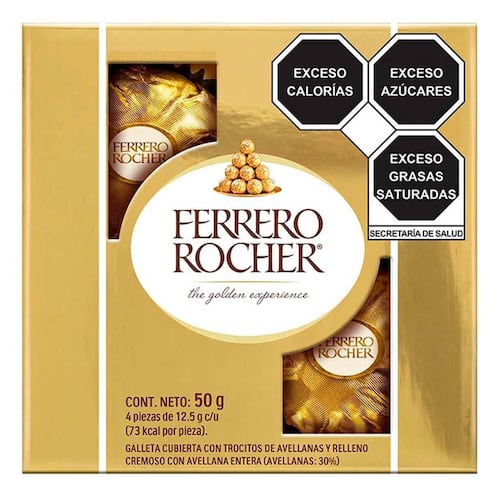 Galleta cubierta con trocitos de avellanas y relleno cremoso con avellana entera Ferrero Rocher 4 piezas 50 g