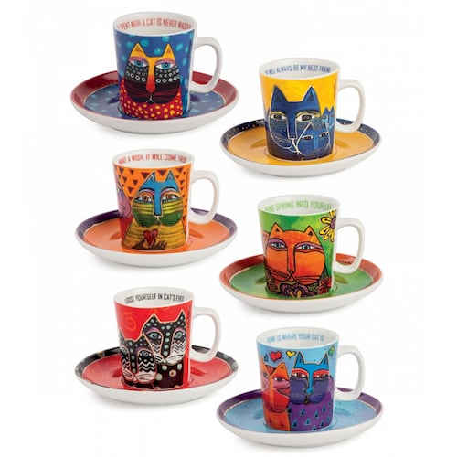 Set 6 Tazas + Plato Egan Espresso 100 ml Laurel Burch Fantastic Felines