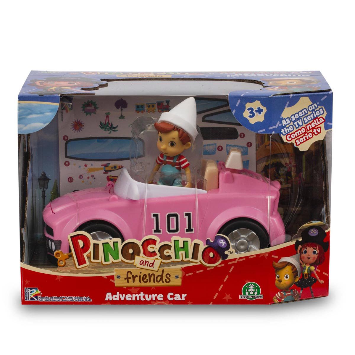 Pinocchio Autoabenteuer Spielset – Mit Pinocchio-Figur & Pinkem Auto Mit Aufklappbarer Motorhaube, Inkl. Sticker Zum Dekorieren
