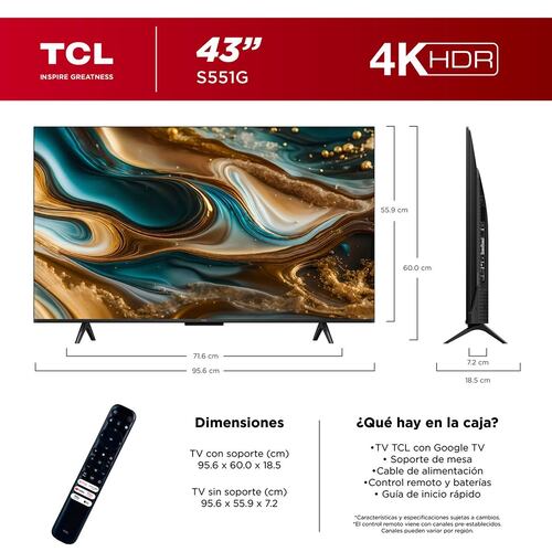 Pantalla Google TV TCL de 43 Pulgadas 4K 43s551g