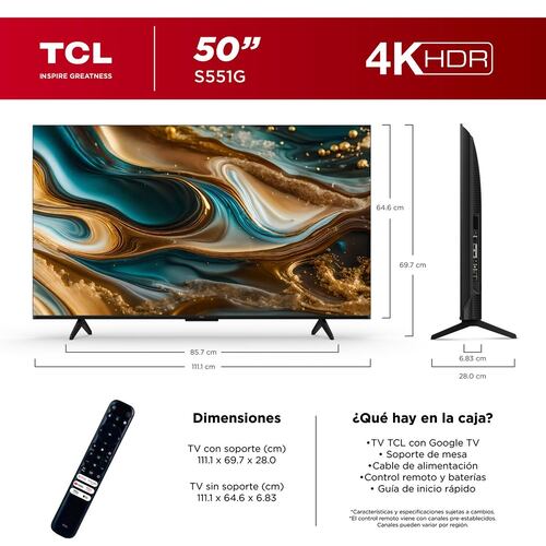 Pantalla Google TV TCL de 50 Pulgadas 4K 50s551g