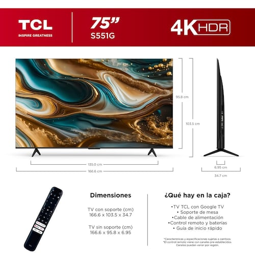 Pantalla TCL de 75 Pulgadas 4K GTV 75s551g