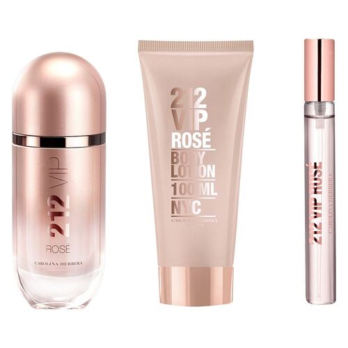 Carolina Herrera 212 Vip Rosé Set Para Dama Perfume EDP 80ml+ Body Lotion 100ml + Perfume de Bolsillo 10ml