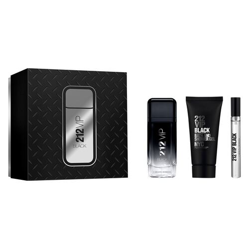 Carolina Herrera 212 VIP BLACK MEN Set Para Caballero Perfume EDP 100ML + Shower Gel 100ML + Perfume de Bolsillo 10ml
