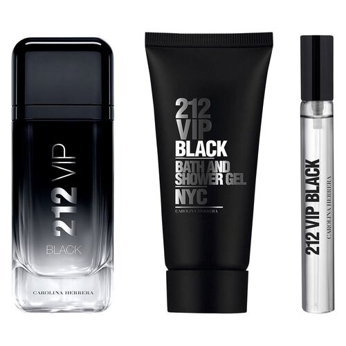 Carolina Herrera 212 VIP BLACK MEN Set Para Caballero Perfume EDP 100ML + Shower Gel 100ML + Perfume de Bolsillo 10ml