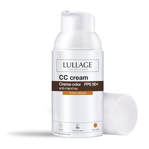 Kit protector solar SPF50+ con color tono medio facial anti-manchas Lullage CC Cream 30ml + neceser