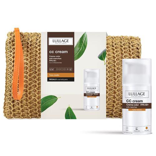 Kit protector solar SPF50+ con color tono medio facial anti-manchas Lullage CC Cream 30ml + neceser