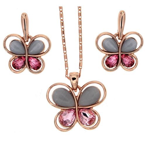 Juego de arete, dije, cadena de 42 cms+4cms de extensión mariposa con piedra pera gris y rose, con acabado en chapado oro rosa