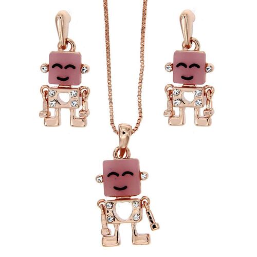 FB, Juego De Arete, Dije Con Cadena De 42 Cms+4cms De Extensión Con Robot, Con Acabado En Chapado Oro Rosa