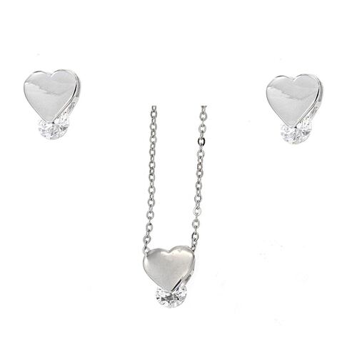 Set arete+dije+cadena  corazón con circonita cristal blanca, cadena de 42 cms+ 4 cms de extensión y  con acabado en rodio