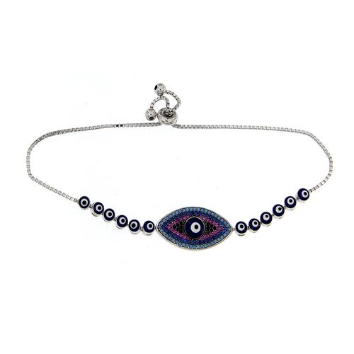 Pulsera de plata 925 ojo horus con circonita redonda rosa, zafiro, black, turquesa, con acabado en rodio Farfalla Bonetti