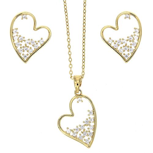 Set de aretes, ,más dije, más cadena de corazón con circonitas cristal, acabado en  chapado oro
