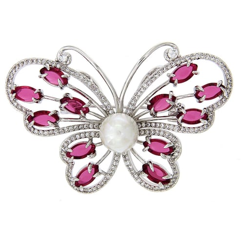 Broche mariposa con circonita ruby y  redonda cristal, con acabado en rodio