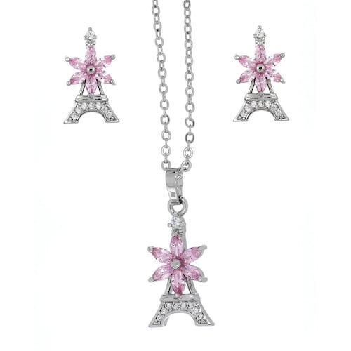 Set arete+dije+cadena Farfalla Bonetti con torre Eiffel y flor con circonita rosa, acabado en Rodio