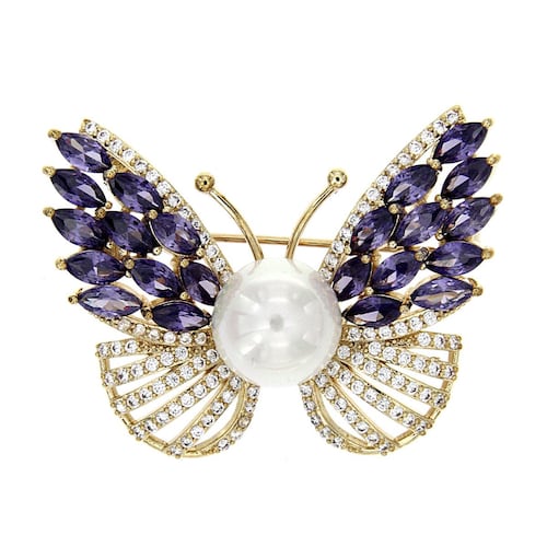 Broche Farfalla Bonetti mariposa con circonita navette amatisa y redonda cristal con  perla blanca,acabado en chapado oro