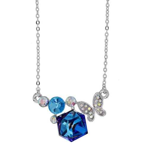 Gargantilla Camilla Madrid con cadena de 42 cms+4cms de extensión con mariposa cristal aurora boreal y piedra cubo bermuda blue, con acabado en rodio