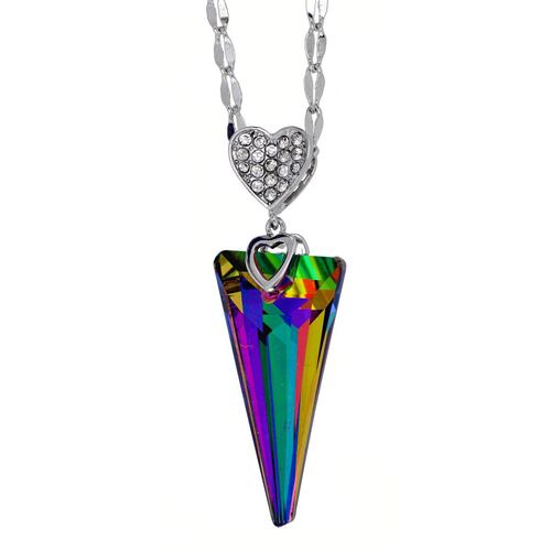 Dije Camilla Madrid con cadena de 42 cms+4cms de extensión con cabezal corazón con cristales blanco y piedra triangular vulcano con acabado en rodio