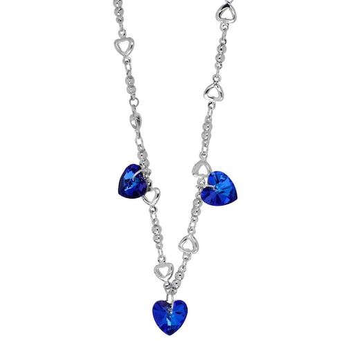 Gargantilla con cadena de 42 cms+4cms de extensión, con dijes corazon en bermuda blue, con acabado en rodio