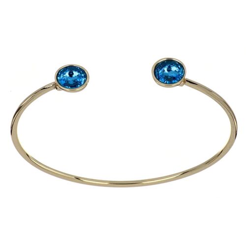 Brazalete abierto con chatones en cristal blue zircon acabado en chapado oro