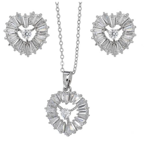 Set arete+dije+cadena corazón Farfalla Bonetti con circonita baguette en cristal, acabado en Rodio