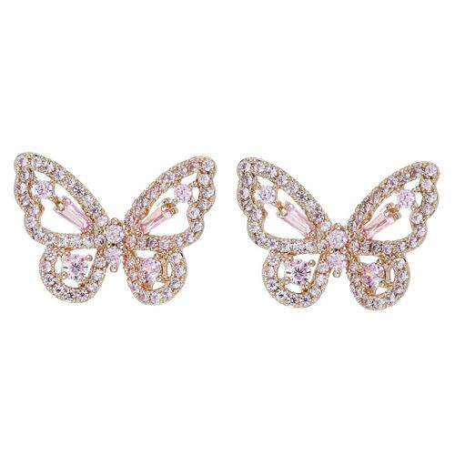 FB, Aretes mariposa con circonita rosa, con acabado en chapado oro rosa