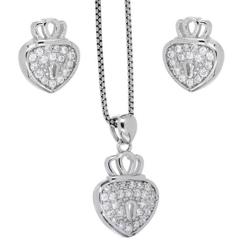 Set arete+dije+cadena Farfalla Bonetti de plata 925 candado corazón, con cadena de 42 cms y  acabado en rodio