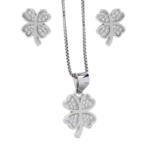 Set arete+dije+cadena Farfalla Bonetti de plata 925 trébol, con cadena de 42 cms y acabado en rodio