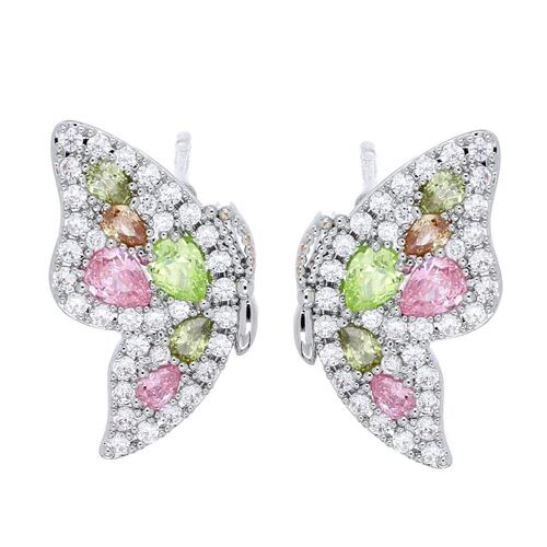 FB, Aretes  mariposa con circonita mix xolor, con acabado en rodio