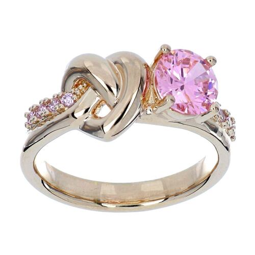 FB, Anillo con circonita central rosa, acabado en chapado oro rosa