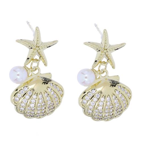 FB, Aretes estrella de mar y concha con perla blanca y circonita blanca, con acabado en chapado oro