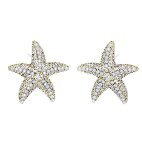 FB, Aretes estrella de mar con perla blanca y circonita blanca, con acabado en chapado oro