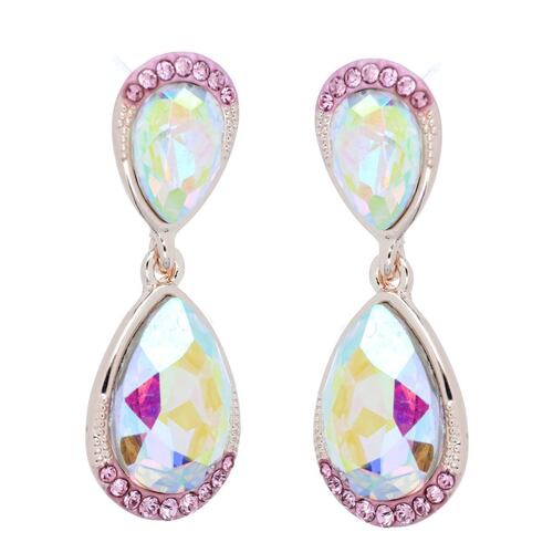 FB, Arete Con Piedra Pera Cristal Aurora Boreal, Con Acabado En Chapado Oro Rosa