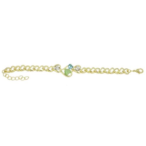 FB, Pulsera cadena de corazónes con corazón central en aquamarina y lima, con acabado en chapado oro