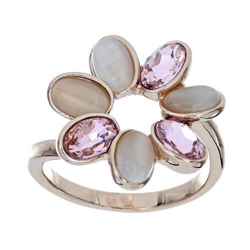 FB, Anillo flor con piedra rosa, acabado en chapado oro rosa