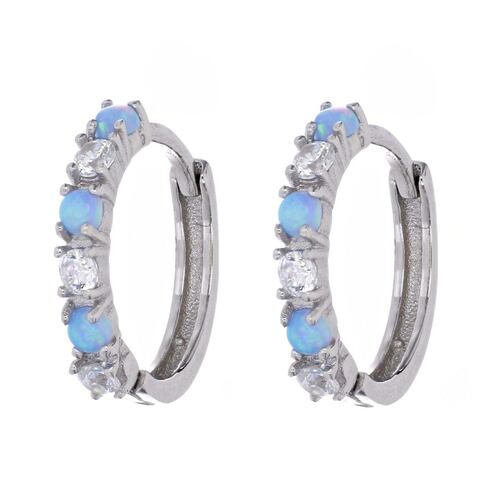FB, Arracada de plata 925  con  circonita blanca y blue opal, con acabado en rodio