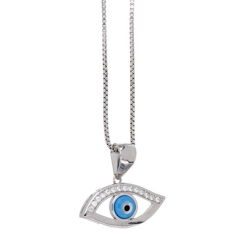 Dije con cadena de plata 925 ojo horus con circonita blanca cristal, con cadena de 42 cms y con acabado en rodio